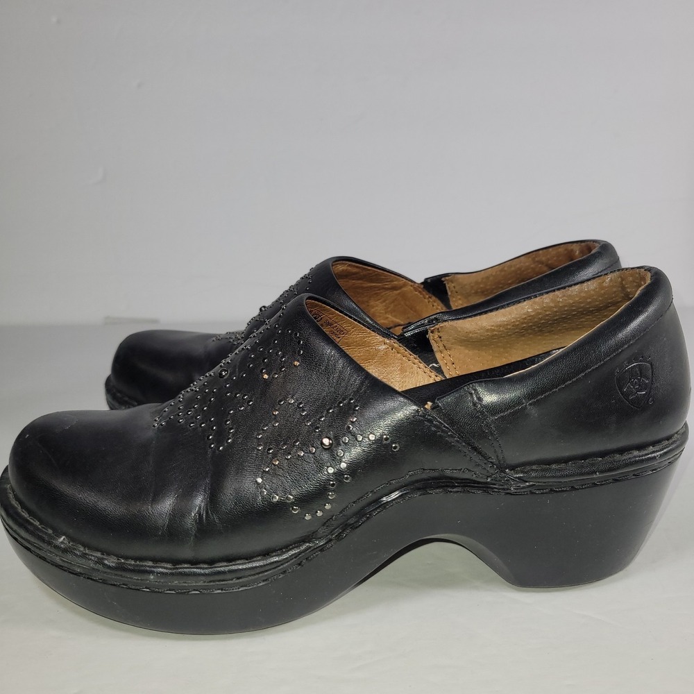 ARIAT Western Black Leather Studded Clog Women 10B Black Slip On Shoes - Picture 7 of 11